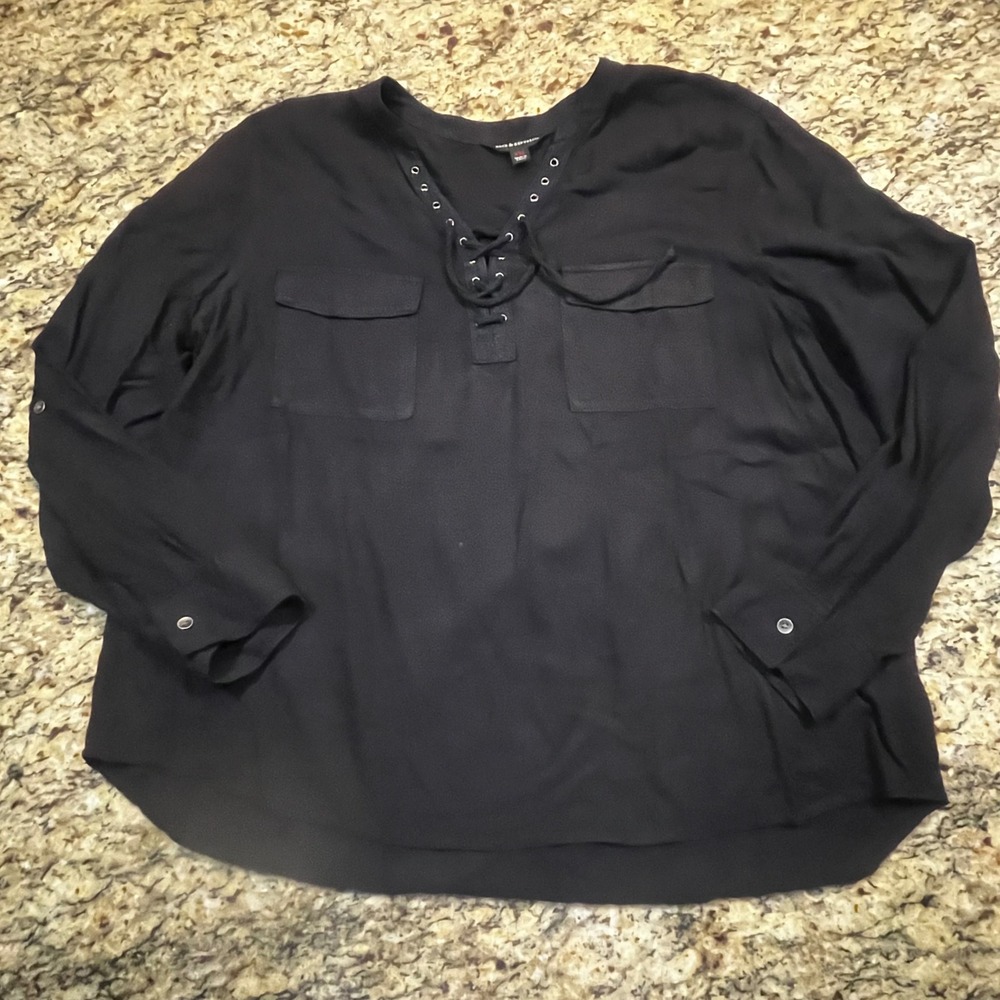 Rock & Republic Womens XXL Black Lace Up‎ V-Neck Roll Tab Sleeve Blouse Top